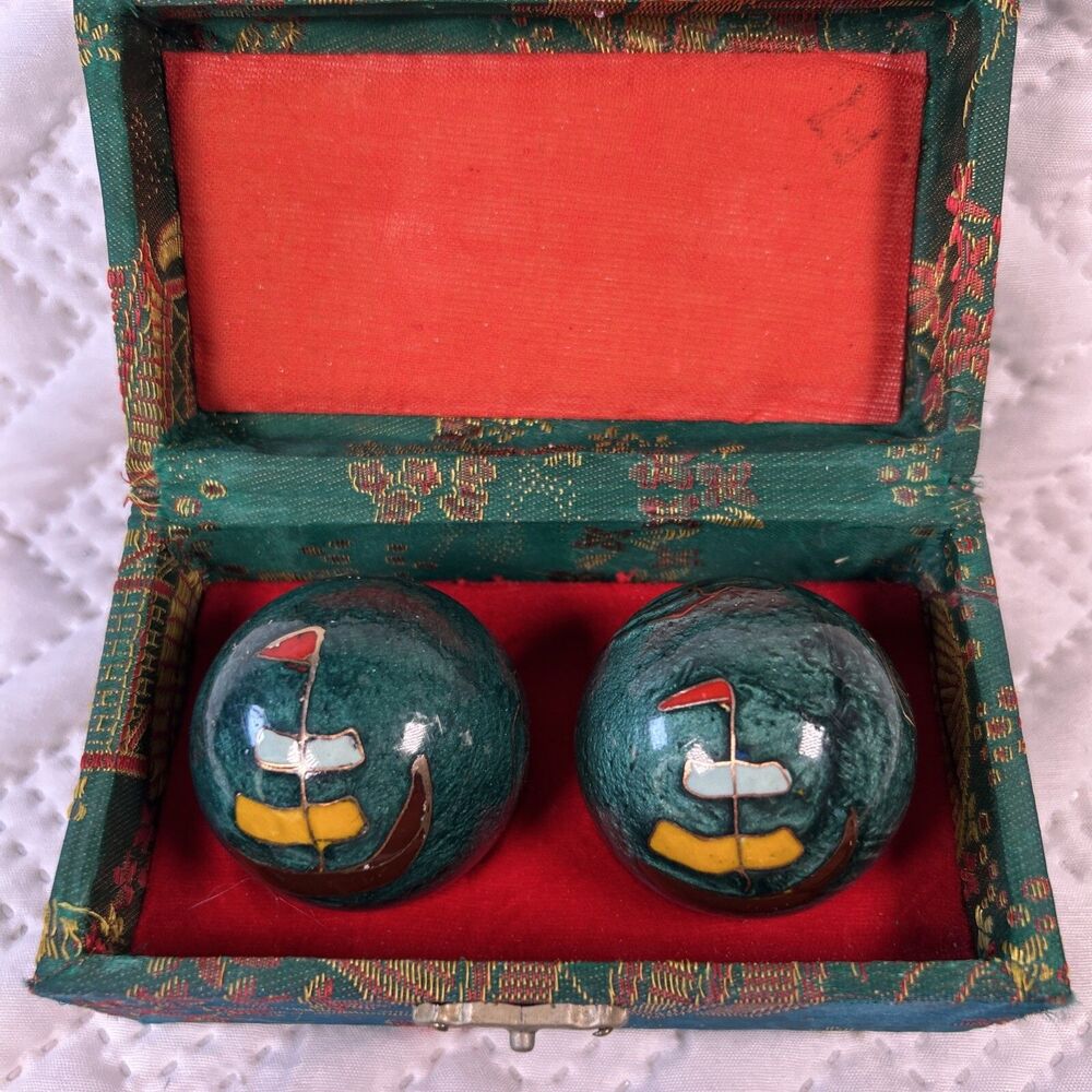 Vintage Chinese Baoding Balls Cloisonne Enamel Meditation Set Sailboat Chime Box